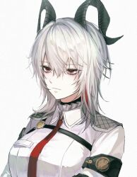 Rule 34 | 1girl, armband, black armband, black choker, black horns, breasts, chest harness, choker, closed mouth, collared shirt, commentary, curled horns, grey hair, hair between eyes, harness, horns, jeulpa 216, large breasts, long hair, looking afar, multicolored hair, necktie, red eyes, red necktie, shirt, simple background, solo, streaked hair, white background, white shirt, wuthering waves, zani (wuthering waves)