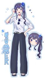 Rule 34 | 1girl, ado (utaite), belt, black belt, black hair, black pants, blue eyes, blue flower, blue outline, blue rose, chando (ado), commentary, dress shirt, english text, flower, full body, hair flower, hair ornament, hayakawasakushiido, highres, long hair, looking at viewer, mole, mole under eye, one side up, open mouth, outline, pants, rose, shirt, simple background, sleeves rolled up, solo, three-quarter sleeves, utaite, white background, white shirt