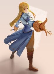 Rule 34 | &gt;:), 1girl, absurdres, agrias oaks, armor, blonde hair, blue dress, braid, brown footwear, brown gloves, brown pants, closed mouth, dress, elbow pads, final fantasy, final fantasy tactics, full body, gloves, glowing, glowing weapon, highres, holding, holding sword, holding weapon, josh corpuz, long hair, long sleeves, looking at viewer, lying, on back, pants, pauldrons, reaching, reaching towards viewer, shadow, shoulder armor, shoulder pads, simple background, single braid, smile, solo, sword, v-shaped eyebrows, weapon, yellow eyes