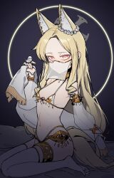 1girl animal_ear_fluff animal_ears belly_dancer bird blonde_hair blue_archive blush breasts cross_halo dancer feet flat_chest fox_ears fox_tail halo harem_outfit highres liminal0803 linea_alba loli long_hair looking_at_viewer navel red_eyes see-through_clothes see-through_sleeves seia_(blue_archive) seiza sitting small_breasts solo stole tail thighhighs toes veil very_long_hair white_thighhighs white_veil yellow_halo