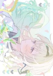 1girl abura_01 black_hairband blue_eyes blue_pupils blue_sailor_collar blush firefly_(honkai:_star_rail) firefly_(spring_missive)_(honkai:_star_rail) flower gradient_eyes gradient_hair grey_hair hair_between_eyes hair_intakes hair_ornament hair_ribbon hairband highres honkai:_star_rail honkai_(series) long_hair multicolored_eyes multicolored_hair ribbon sailor_collar smile solo watermark