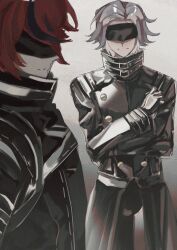2boys absurdres aotsuki_eito black_blindfold black_gloves black_jacket black_streaks blindfold crossed_arms crossover facing_ahead facing_viewer film_grain gloves gradient_background grey_background grey_hair high_collar highres jacket male_focus multicolored_hair multiple_boys myriverflows nier:automata nier_(series) red_hair short_hair simple_background streaked_hair sumino_takumi the_hundred_line_-last_defense_academy-
