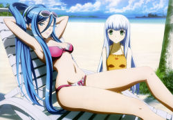 10s 2girls absurdres aoki_hagane_no_arpeggio armpits arms_behind_head battleship beach bikini blue_eyes blue_hair chair cloud cruiser day deck_chair eyewear_on_head green_eyes highres iona_(aoki_hagane_no_arpeggio) legs long_hair lounge_chair military military_vehicle multiple_girls navel non-web_source nyantype ocean official_art ogawa_miki one_eye_closed outdoors personification ship silver_hair sky sunglasses swimsuit takao_(aoki_hagane_no_arpeggio) very_long_hair warship water watercraft wink