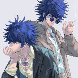 2boys beard_stubble black_jacket blue-tinted_eyewear blue_eyes blue_hair brown_coat chest_tattoo cigarette coat corrupted_twitter_file dual_persona facial_hair hand_on_own_chin highres holding holding_cigarette jacket male_focus master_detective_archives:_rain_code multiple_boys open_clothes open_coat richost round_eyewear shirt shirt_tucked_in short_hair smoke smoke_trail stubble tattoo tinted_eyewear white_shirt yakou_furio yellow_shirt