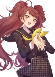 1girl blush breasts brown_eyes brown_hair earrings highres jewelry kanna_nijiniji kujikawa_rise long_hair long_sleeves looking_at_viewer neckerchief open_mouth persona persona_4 school_uniform serafuku skirt smile solo twintails yasogami_school_uniform yellow_eyes yellow_neckerchief