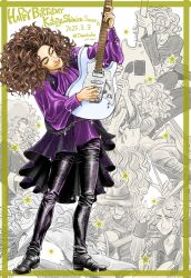 Rule 34 | 1boy, 88kasyo junrei, boots, brown hair, closed eyes, commentary request, deechuke, electric guitar, full body, guitar, happy birthday, highres, instrument, male focus, medium hair, multiple views, music, playing instrument, purple shirt, shirt, smile, wavy hair