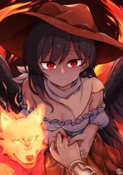 1girl bandana bandana_around_neck black_hair black_wings blue_shirt breasts brown_hat brown_skirt cleavage commentary_request commission cowboy_hat cowboy_shot crazy_smile feathered_wings fire frilled_sleeves frills hat highres holding_another&#039;s_finger kurokoma_saki long_hair looking_at_viewer medium_breasts off-shoulder_shirt off_shoulder out_of_frame red_eyes scavia10 shirt short_sleeves skeb_commission skirt smile solo touhou toyosatomimi_no_miko trembling veins veiny_arms white_bandana wings wolf_spirit_(touhou) yandere