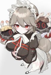 1girl absurdres alexandrina_sebastiane anastella_(zenless_zone_zero) apron black_dress black_gloves breasts dress drusilla_(zenless_zone_zero) erifan0 gloves grey_hair hair_between_eyes highres large_breasts long_hair looking_at_viewer maid maid_headdress partially_fingerless_gloves red_eyes screw_hair_ornament simple_background smile spiked_headband very_long_hair white_background zenless_zone_zero