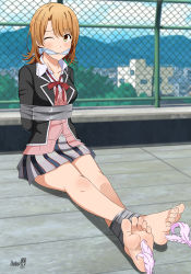 1girl absurdres arms_behind_back barefoot bdsm blush body_blush bondage bound bound_ankles breast_bondage breasts brown_eyes brown_hair cleave_gag cloth_gag collarbone gag gagged hair_between_eyes highres improvised_gag isshiki_iroha legs long_legs looking_at_viewer miniskirt open_collar ribbon school_uniform shadow_xcp skirt tape tickling toenails toes yahari_ore_no_seishun_lovecome_wa_machigatteiru.