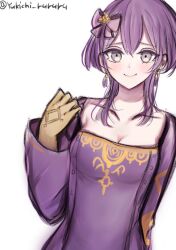 1girl bernadetta_von_varley bernadetta_von_varley_(timeskip) breasts collarbone commentary_request dress fire_emblem fire_emblem:_three_houses gloves grey_eyes hair_between_eyes hair_ribbon highres long_hair long_sleeves medium_breasts nintendo purple_dress purple_hair purple_ribbon ribbon simple_background solo twitter_username white_background yellow_gloves yukichi_(yukichi_rururu)