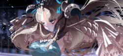 1girl absurdres aqua_pantyhose blonde_hair blue_eyes breasts clerical_collar cone_horns curled_horns curtained_hair debg0423 ereshkigal_(fate) fate/grand_order fate_(series) floating floating_hair frills hair_ribbon highres horns leotard long_hair long_sleeves medium_breasts multicolored_horns pantyhose parted_bangs partially_shaded_face puff_and_slash_sleeves puffy_sleeves ribbon shadow smile solo space_ereshkigal_(fate) space_ereshkigal_(third_ascension)_(fate) two-tone_one-piece_swimsuit