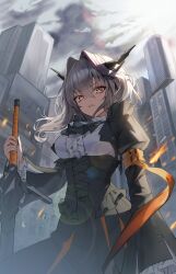 1girl absurdres arknights armband ascot black_ascot black_horns breasts building center_frills chinese_commentary commentary cowboy_shot day embers fire frilled_sleeves frills grey_hair hair_between_eyes hair_intakes highres holding holding_sword holding_weapon horns juliet_sleeves lens_flare long_sleeves looking_at_viewer medium_hair orange_armband orange_eyes outdoors parted_lips puffy_sleeves reunion_logo_(arknights) shirt solo standing sunlight sword talulah_(arknights) underboob weapon white_shirt wind yukibanashi