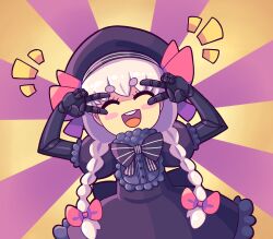 1girl beret black_dress black_gloves blush bow braid closed_eyes daigada dress fate/grand_order fate_(series) gloves hair_between_eyes happy hat highres long_hair looking_at_viewer nursery_rhyme_(fate) open_mouth ribbon smile solo twin_braids v white_hair