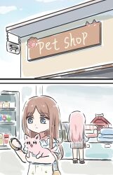 2girls bang_dream! bang_dream!_it&#039;s_mygo!!!!! blue_eyes brown_bag brown_hair chihaya_anon closed_mouth collar commentary dog highres long_hair lyy multiple_girls nagasaki_soyo pink_hair shirt sidelocks symbol-only_commentary white_shirt