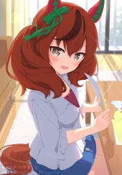 1girl animal_ears blurry blurry_background blush breasts brown_eyes brown_hair casual couch hair_ornament highres horse_ears horse_girl horse_tail looking_at_viewer medium_breasts nice_nature_(umamusume) open_mouth paper ribbon sagen sitting solo table tail umamusume window