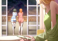 3girls absurdres apple_print balcony blonde_hair blue_shirt blue_shorts brown_hair cellphone cloud commentary_request dusk food_print fruit_print gradient_sky heanna_sumire highres holding holding_phone idobata long_hair long_sleeves looking_at_another love_live! love_live!_superstar!! medium_hair multiple_girls orange_hair pajamas phone pink_shirt pink_shorts shibuya_kanon shirt shorts sky smartphone striped_clothes striped_shirt striped_shorts table tang_keke white_shirt white_shorts yellow_shirt