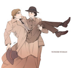 1boy 1girl absurdres black_hair brown_eyes brown_hair carrying copyright_name dc_comics diana_prince hair_bun hat highres ksyjkysk long_coat looking_at_another necktie princess_carry reverse_princess_carry role_reversal single_hair_bun steve_trevor sweatdrop vest white_background wonder_woman wonder_woman_(series)