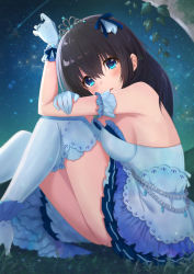 1girl armpits azuki_yui bare_shoulders black_hair blue_dress blue_gloves blue_ribbon blue_theme blue_thighhighs bracelet breast_press breasts commentary_request dress feet_out_of_frame female_focus from_side glint gloves hair_between_eyes hair_ribbon hand_on_own_arm high_heels idolmaster idolmaster_cinderella_girls ivy jewelry knees_up layered_dress long_hair looking_at_viewer looking_to_the_side medium_breasts night night_sky on_grass outdoors panties pearl_bracelet pleated_dress ribbon ring sagisawa_fumika sideboob sitting sky smile solo star_(sky) starry_sky strapless strapless_dress thighhighs tiara tree underwear