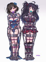 2girls arms_behind_back azur_lane ball_gag bdsm bondage bound chien_wu_(azur_lane) crotch_rope gag gluteal_fold legs_tied_together leotard multiple_girls restrained standing stationary_restraints tagme white_background z11_(azur_lane) zero_hime