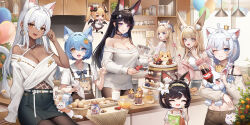 6+girls animal_ear_fluff animal_ears apron balloon black_dress black_hair black_pantyhose black_skirt blonde_hair blue_eyes blue_hair bowl braid breasts brown_pants cake cat_ears cat_girl chinese_commentary chips_(food) cleavage closed_mouth collarbone commentary_request cookie covered_navel crop_top cupcake dress earrings egg fingernails food fox_ears fox_girl fruit grey_hair hair_between_eyes hair_intakes hand_up heterochromia highres jewelry jianshu large_breasts long_hair looking_at_viewer mason_jar midriff milk mole mole_on_breast multicolored_hair multiple_girls nail_polish navel necklace off-shoulder_shirt off_shoulder one_eye_closed open_mouth orange_eyes original pants pantyhose potato_chips shirt short_hair skirt smile strawberry streaked_hair v white_hair white_shirt yellow_eyes