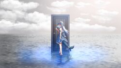 1girl absurdres arm_at_side arm_garter back back_bow backless_dress backless_outfit blue_bow blue_dress blue_eyes blue_hair blue_streaks blush bow closed_mouth cloud cloudy_sky cocktail_dress commentary door door_handle dress english_commentary fins fish_tail folded_hair from_side full_body gawr_gura grey_sky hair_down hand_up headpiece heel_up highres hololive hololive_english long_hair looking_at_viewer looking_back medium_dress multicolored_hair ocean one_side_up outdoors ribbon ripples sandals shark_girl shark_tail sharkudon sidelocks sky sleeveless sleeveless_dress smile solo standing standing_on_liquid stitched_tail stitches straight_hair streaked_hair sunlight tail tail_ornament tail_ribbon virtual_youtuber waving white_hair white_ribbon white_sandals wide_shot