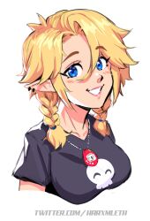 1girl black_shirt blonde_hair blue_eyes blush borrowed_character braid breasts commentary ear_piercing elf english_commentary eyelashes highres mleth original piercing pointy_ears sassy_(ronindude) shirt short_sleeves simple_background skull_print smile solo tamagotchi twin_braids