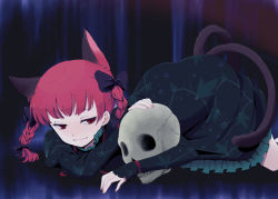 1girl animal_ears blunt_bangs blush braid cat_ears cat_girl dress female_focus green_dress ica kaenbyou_rin long_sleeves looking_at_viewer lying on_stomach skull solo touhou twin_braids