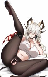 1girl absurdres arm_strap ateoyh bare_shoulders black_choker black_gloves black_horns black_panties black_pantyhose black_tail blush breasts breath bright_pupils button_gap choker closed_mouth collarbone commentary crotch_cutout curled_horns demon_tail earrings gloves hair_between_eyes highres holding_own_leg horns jewelry key_earrings large_breasts leg_up long_hair looking_at_viewer lying mole mole_on_breast navel necktie necktie_around_wrists no_pants no_shoes on_back paid_reward_available panties pantyhose pussy pussy_peek red_eyes red_necktie shirt simple_background solo spread_legs stomach sweat tail thighs torn_clothes torn_shirt underwear white_background white_pupils white_shirt wuthering_waves zani_(wuthering_waves)