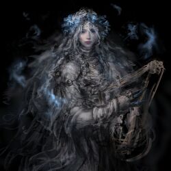 1girl absurdres all_lee24 black_background blue_eyes braid cracked_skin doll_joints elden_ring elden_ring_nightreign flower_wreath head_wreath highres holding holding_instrument holding_lyre instrument joints long_hair looking_at_viewer low_twin_braids lyre music parted_lips playing_instrument revenant_(elden_ring) solo spirit twin_braids veil white_hair white_veil wide_sleeves