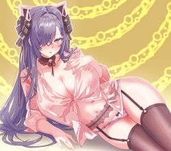 1girl adapted_costume arbiter1 arm_support august_von_parseval_(azur_lane) august_von_parseval_(the_unhulde&#039;s_midday_respite)_(azur_lane) azur_lane black_bow black_choker black_garter_straps black_horns black_ribbon blush bow breasts brown_thighhighs choker cleavage collarbone commentary_request cross curled_horns feet_out_of_frame fingernails garter_straps hair_over_one_eye hair_ribbon hand_on_own_chest highres horns iron_cross lace lace_choker lace_garter_belt large_breasts long_hair looking_at_viewer lying mechanical_horns navel on_side one_eye_covered panties partially_unbuttoned pink_shirt purple_eyes purple_hair ribbon see-through_clothes see-through_shirt shirt simple_background skindentation solo thighhighs thighs translucent underwear very_long_hair white_panties
