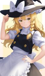 1girl absurdres black_hat blonde_hair bow crat2222 dress hair_bow hat hat_bow highres kirisame_marisa long_hair ribbon skirt smile solo touhou white_bow witch witch_hat yellow_eyes