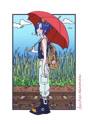 1boy backpack bag blue_hair blue_sky border cloud colored_inner_hair conch_(gundam) darksidenatchan day full_body grass gundam gundam_gquuuuuux highres holding holding_umbrella male_focus multicolored_hair non-humanoid_robot open_mouth outdoors pants ponytail purple_hair railroad_tracks red_eyes robot shoes short_hair shuji_ito sky sleeveless solo standing tank_top two-tone_hair umbrella white_border