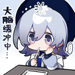 Rule 34 | ..., 1girl, artist request, beret, black hat, chibi, chibi only, chinese commentary, chinese text, earrings, elbow rest, girls&#039; frontline, girls&#039; frontline neural cloud, grey hair, hat, head rest, holding, holding stylus, horizon (neural cloud), jacket, jewelry, loading icon, necktie, official art, second-party source, solo, spoken ellipsis, stylus, thinking, white jacket, white necktie