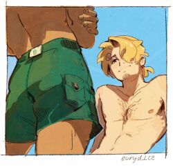 2boys back blonde_hair blue_sky chest_hair commentary crossed_arms curly_eyebrows english_commentary euryd1ce facial_hair goatee green_shorts hair_over_one_eye male_focus multiple_boys one_piece roronoa_zoro sanji_(one_piece) shorts sky smile topless_male