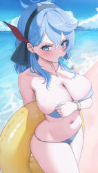1girl absurdres adjusting_clothes adjusting_swimsuit ako_(blue_archive) bare_shoulders beach bikini black_hairband blue_archive blue_bikini blue_eyes blue_hair bra breasts cleavage cloud commentary_request day dori_(choejeongmin7) double-parted_bangs earrings food food_in_mouth hair_between_eyes hair_ribbon hairband halo highres holding holding_swim_ring innertube jewelry large_breasts looking_at_viewer medium_hair navel necklace outdoors popsicle popsicle_in_mouth red_ribbon ribbon sidelocks solo standing stomach strapless strapless_bikini string_bikini swim_ring swimsuit underwear v-shaped_eyebrows