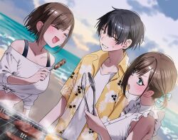 1boy 2girls beach black_hair blue_eyes blush bob_cut bow breasts brown_eyes brown_hair buttons chigusa_minori closed_eyes cloud cloudy_sky collarbone cooking frilled_shirt frills futago_matomete_kanojo_ni_shinai? grill grilling hair_bow hawaiian_shirt holding holding_tongs looking_at_another medium_breasts multiple_girls ocean off-shoulder_shirt off_shoulder open_clothes open_mouth open_shirt outdoors ponytail second-party_source shirt short_hair short_ponytail siblings side_ponytail sisters sky sleeveless sleeveless_shirt smile takayashiki_sakuto tongs twins upper_body usami_chikage usami_hikari white_shirt yellow_shirt