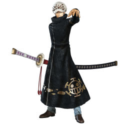 1boy 3d absurdres blue_hair coat denim earrings fighting_stance full_body fuzzy_hat hat highres jacket jeans jewelry jolly_roger kikoku long_coat male_focus official_art one_piece one_piece:_pirate_warriors ootachi pants pirate sheath sheathed sideburns simple_background solo standing sword tattoo trafalgar_law weapon