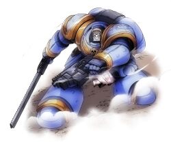 1boy adeptus_astartes armor blue_archive bolt_pistol chainsword commission doodle_sensei_(blue_archive) holding holding_weapon lazy_ant male_focus paper_on_head pauldrons pixiv_commission power_armor sensei_(blue_archive) shoulder_armor solo warhammer_40k weapon
