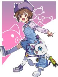 Rule 34 | 2girls, animal hands, blue eyes, blue overalls, body fur, brown eyes, brown hair, cat, digibibim, digimon, digimon adventure, digimon adventure: (2020), full body, gloves, hat, multiple girls, overalls, paw gloves, purple hat, purple shirt, shirt, short hair, tail, tail ornament, tail ring, tailmon, white fur, yagami hikari