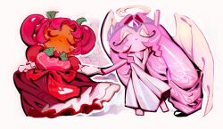 2girls angel angel_wings breasts colored_skin cookie_run cookie_run:_kingdom dark-skinned_female dark_skin demon_girl double_bun dress elbow_gloves eternal_sugar_cookie gloves hair_bun highres holding_hands hollyberry_cookie long_hair looking_at_another medium_breasts multiple_girls pink_dress pink_eyes pink_hair pink_skin pinkiepig puffy_short_sleeves puffy_sleeves short_sleeves very_long_hair white_dress white_gloves wings