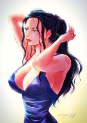 Rule 34 | 1girl, adjusting hair, black hair, blue dress, blue eyes, breasts, cleavage, closed mouth, commentary, dress, eyelashes, highres, large breasts, narrow waist, nico robin, one piece, oregano551, ponytail, sidelocks, solo
