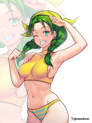1girl alternate_costume armpits arms_up bandana bikini blush braid breasts crop_top etchimune fire_emblem fire_emblem:_the_blazing_blade green_eyes green_hair long_hair looking_at_viewer medium_breasts midriff navel nintendo one_eye_closed rebecca_(fire_emblem) salute smile solo stomach swimsuit twin_braids twintails yellow_bandana yellow_bikini