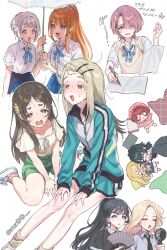 6+girls alternate_hairstyle amaya_tsubame antenna_hair arimura_mao arms_between_legs asymmetrical_bangs black_hair black_necktie black_pants black_scrunchie black_shirt blonde_hair blue_eyes blue_ribbon blue_skirt blush braid breasts brown_eyes brown_hair chibi closed_eyes collarbone colored_eyelashes desk dot_nose exhausted fangs flipped_hair floating_hair fujita_kotone full_body furrowed_brow futon gakuen_idolmaster green_eyes green_hair green_jacket green_shorts grey_hair grey_shirt gym_shorts hair_flaps hair_ornament hair_over_one_eye hair_ribbon hair_scrunchie hairclip half_up_braid hanami_saki hand_fan hand_up handheld_electric_fan hands_on_own_thighs hat hatsuboshi_gakuen_school_uniform highres holding holding_fan holding_pen holding_umbrella hot idolmaster jacket jewelry juo_sena katsuragi_lilja kuramoto_china lace-trimmed_umbrella large_breasts leaf_hair_ornament long_hair long_sleeves looking_ahead lying medium_breasts messy_hair mob_cap mole mole_under_eye multicolored_hair multicolored_socks multiple_girls neck_ribbon necklace necktie notebook nz99 on_back open_mouth orange_eyes orange_hair pajamas pants paper parasol parted_bangs parted_lips pen pillow pink_hair pink_pajamas pink_socks plaid_clothes plaid_skirt pleated_skirt ponytail purple_eyes purple_scrunchie ribbon ribbon_braid ring school_uniform scrunchie shadow shinosawa_hiro shirt shiun_sumika shoes short_hair short_sleeves shorts sidelocks sitting skirt sleeping small_breasts smile sneakers socks streaked_hair sweat teeth thick_eyebrows track_jacket tsukimura_temari twitter_username two-tone_hair umbrella upper_body upper_teeth_only v-shaped_eyebrows very_long_hair vest wariza wavy_mouth white_background white_shirt white_shorts wrist_scrunchie yellow_vest zipper zipper_pull_tab