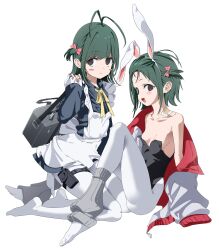 2girls absurdres animal_ear_hairband animal_ears antenna_hair apron bag bare_shoulders black_leotard blue_dress blush_stickers bow breasts brown_eyes character_request closed_mouth collarbone collared_dress commentary_request copyright_request dress fake_animal_ears green_hair grey_leg_warmers hair_bow hairband highres holding holding_bag jacket jacket_partially_removed kneeling korean_commentary leg_warmers leotard long_sleeves looking_at_viewer medium_hair multiple_girls neck_ribbon no_shoes one_side_up open_clothes open_jacket oversized_breast_cup pantyhose pink_bow playboy_bunny pouch rabbit_ears ribbon simple_background sleeves_past_fingers sleeves_past_wrists small_breasts smile strapless strapless_leotard tanghulu_(bbbb1123112) thigh_pouch thigh_strap white_apron white_background white_hairband white_jacket white_pantyhose yellow_ribbon