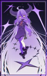 1girl absurdly_long_hair ahoge ankle_cuffs ascot black_boots black_dress boots braid closed_mouth commentary demon_horns detached_sleeves dress glowing glowing_eyes grey_hair hair_between_eyes highres hololive horns keven_(ewdx3754) la+_darknesss la+_darknesss_(1st_costume) long_hair long_sleeves looking_at_viewer multicolored_hair o-ring pantyhose pointy_ears purple_hair purple_pantyhose single_leg_pantyhose solo streaked_hair striped_horns very_long_hair virtual_youtuber yellow_ascot yellow_eyes