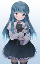 Rule 34 | 1girl, animal, black cat, black skirt, black thighhighs, blue hair, blunt bangs, blush, cat, frilled shirt, frilled skirt, frills, highres, holding, holding animal, holding cat, idolmaster, idolmaster cinderella girls, long hair, looking at viewer, michii yuuki, red eyes, sajo yukimi, shirt, skirt, smile, solo, thighhighs, white shirt, zettai ryouiki