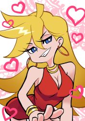 1girl artist_request blonde_hair blue_eyes bracelet breasts dress earrings heart highres jewelry large_breasts long_hair looking_at_viewer panty_&amp;_stocking_with_garterbelt panty_(psg) red_dress smile solo