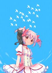 1girl amy_(madoka_magica) animal animal_on_shoulder artist_name asukaru_(magika_ru) bird black_cat blue_sky bow bow_choker bubble_skirt buttons cat cat_on_shoulder center_frills chest_jewel choker closed_mouth cloud collarbone commentary cowboy_shot dated day dot_nose dress dress_bow flock frilled_dress frilled_skirt frilled_sleeves frills gem gloves hair_between_eyes hair_bow happy head_tilt highres kaname_madoka kaname_madoka_(magical_girl) light_blush magical_girl mahou_shoujo_madoka_magica mahou_shoujo_madoka_magica_(anime) miniskirt outdoors pink_bow pink_dress pink_eyes pink_gemstone pink_hair puffy_short_sleeves puffy_sleeves red_bow red_choker short_dress short_hair short_sleeves short_twintails simple_bird skirt skirt_under_dress sky smile solo square_neckline standing tareme twintails watermark white_bird white_gloves white_skirt white_sleeves