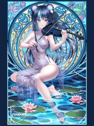 1girl animal_ears bare_hips bare_legs bare_shoulders barefoot blue_background blue_eyes blue_hair blue_streaks bow_(music) braid breasts china_dress chinese_clothes covered_erect_nipples covered_navel dress flower fujikura_uruka full_body highleg highleg_dress highres hikimayu holding holding_bow_(music) holding_instrument holding_violin in_water instagram_username instrument long_hair looking_at_object lotus luwudco medium_breasts multicolored_hair music musical_note musical_note_print no_pants phase_connect playing_instrument see-through_clothes shiny_clothes side_braid sideboob sideboob_cutout signature sitting sleeveless sleeveless_dress sparkling_eyes stained_glass twitter_username two-tone_hair violin virtual_youtuber wet