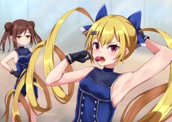 2girls arm_up armpits black_gloves blonde_hair blue_bow blue_shirt blue_shorts bow brown_eyes brown_hair candy cinderella_series closed_mouth double_bun drill_hair food gloves hachigatsu_no_cinderella_nine hair_bun hair_ornament hairclip highres holding holding_candy holding_food iberiko_(soinesitai) kishi_fuuka kousaka_tsubaki long_hair multiple_girls open_mouth outdoors red_eyes shirt shorts sleeveless sleeveless_shirt sportswear teeth twin_drills twintails two_side_up upper_body upper_teeth_only very_long_hair